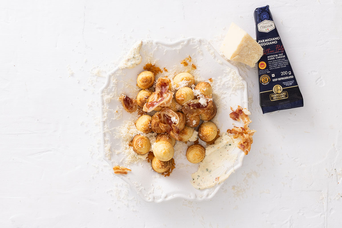 Parmesan profiteroles with Parmesan custard