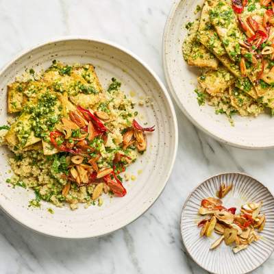 Pesto tofu with chilli almond crunch and quinoa