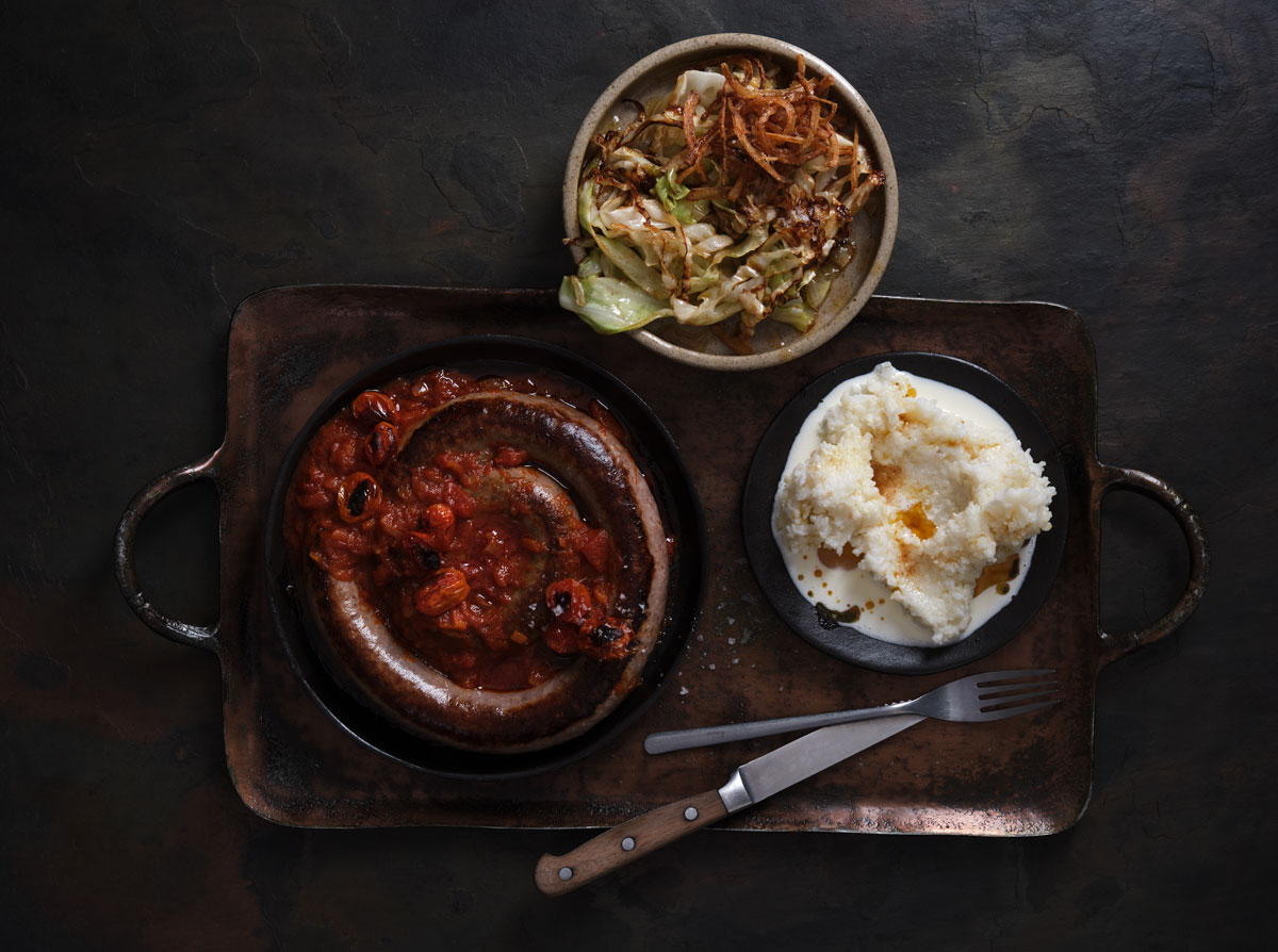 Boerewors with mielie rice and cabbage