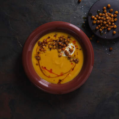 Butternut, carrot and ginger soup with roasted chickpeas