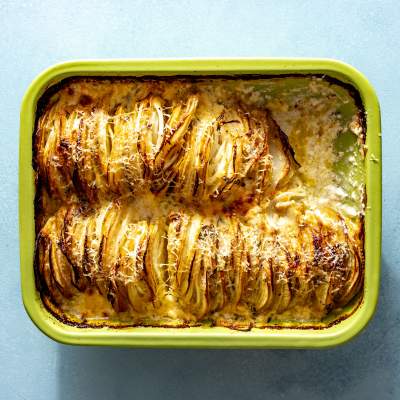 Rustic Golden Delicious apple-and-potato bake with bacon