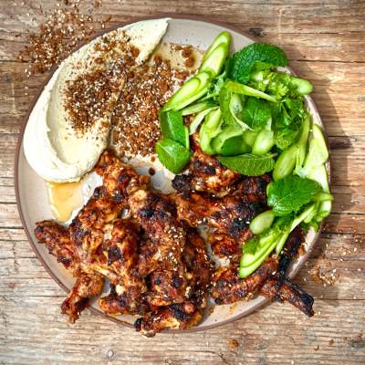 Apricot chicken wings with ginger-biscuit dukkah