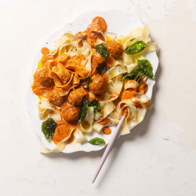 Tofu balls with fettuccine