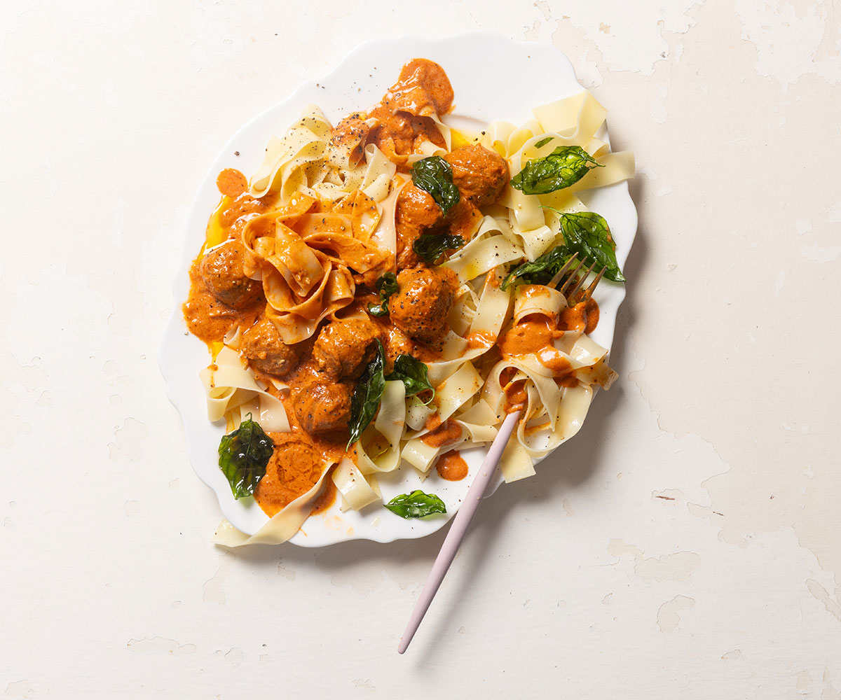 tofu balls on fettuccine