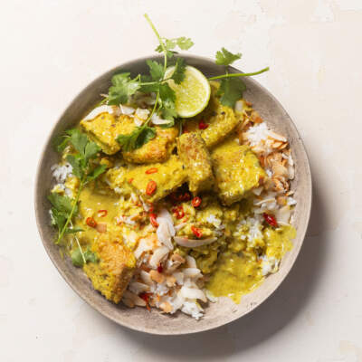 Coconut-crusted tofu with jasmine rice
