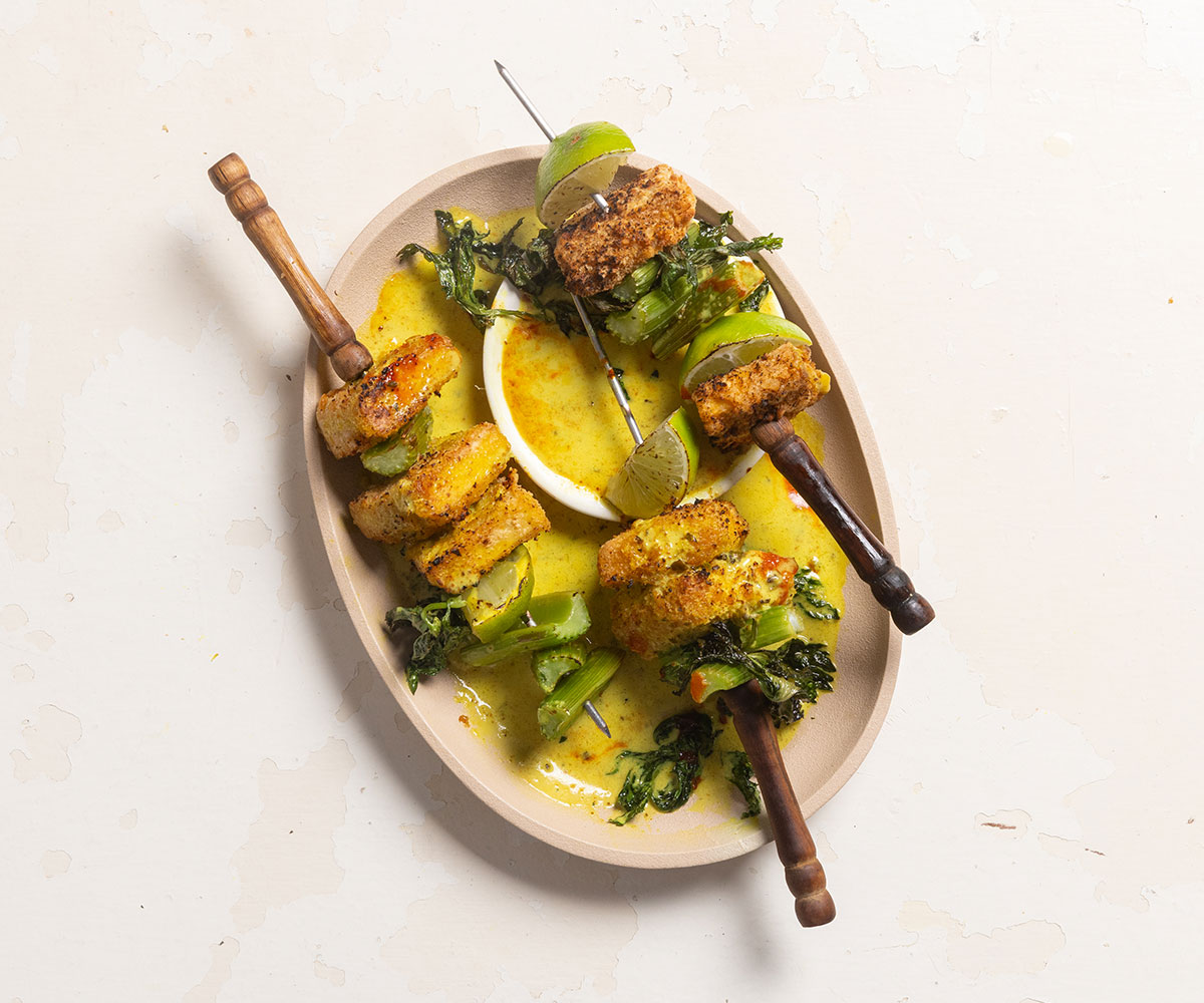 tofu skewers with curry sauce dip