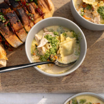 White minestrone potjie soup with stuffed braai bread