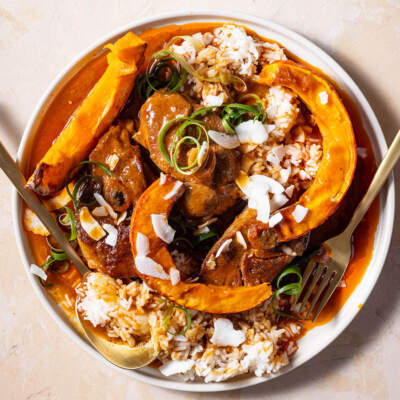 Lamb knuckle red curry with jasmine rice and roasted pumpkin wedges