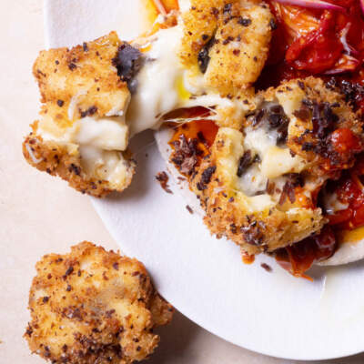 Ostrich biltong mac-and-cheese balls with tomato-and-onion relish
