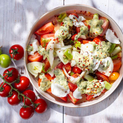 Abi’s herby aioli with tomato salad