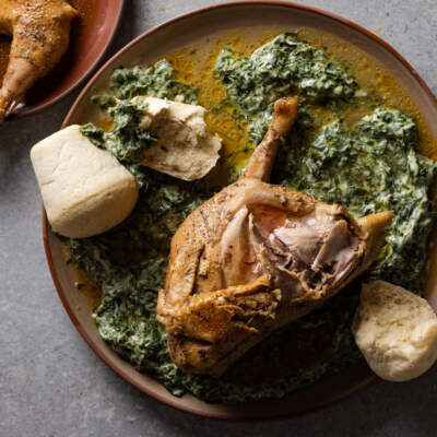 Amadombolo with umleqwa and creamed spinach