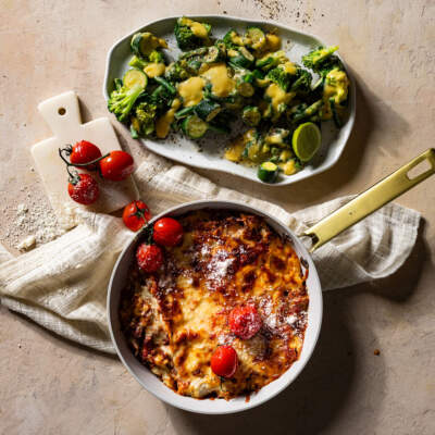 Beef lasagne and cheesy green vegetables