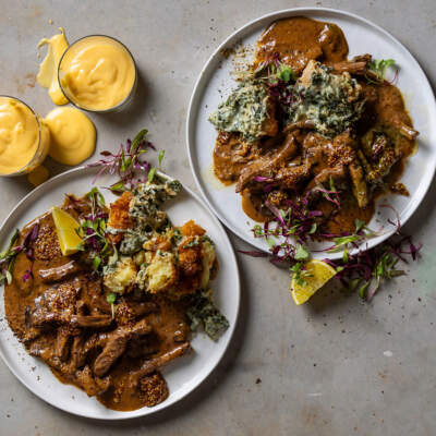 Beef stroganoff with potato croquette bake