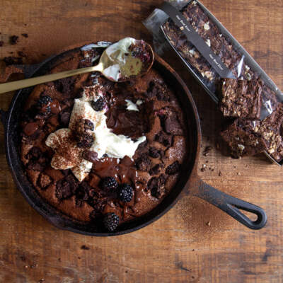 Blackberry clafoutis with our best ever triple chocolate brownies