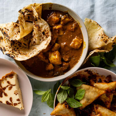 Chicken samoosas, kingklip curry, roti and milk Tart