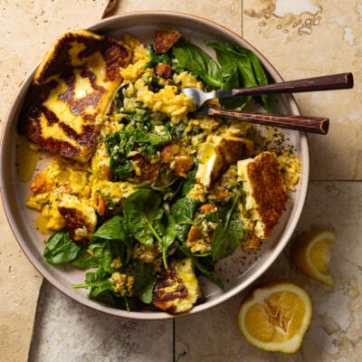 Creamy butternut orzo with golden halloumi steak