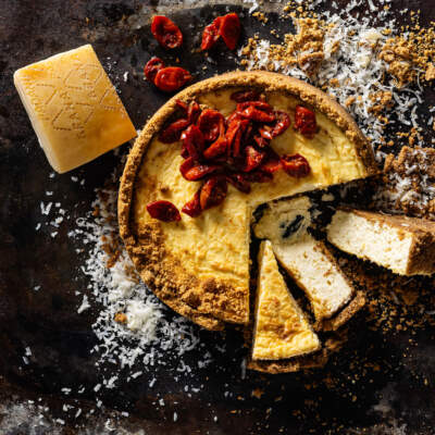Grana Padano cheesecake with roasted cherry tomatoes