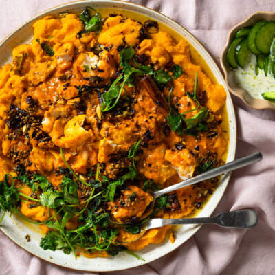 Hake curry with pumpkin pap and tadka