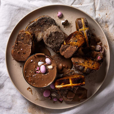 Hot cross bun churros with fudgy, fairy eggs chocolate sauce