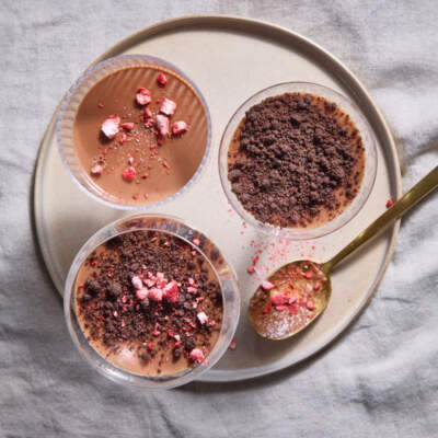 Mini milk choc pots, with chocolate soil and strawberry crumbs
