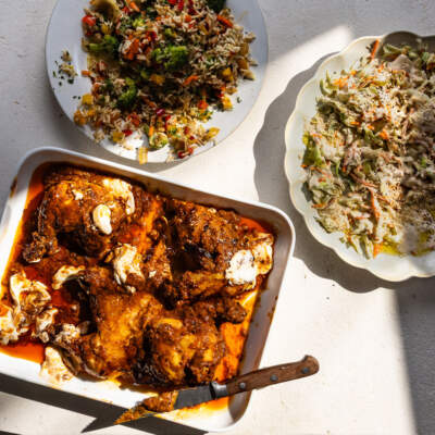 Peri-peri butterflied chicken with savoury rice and coleslaw