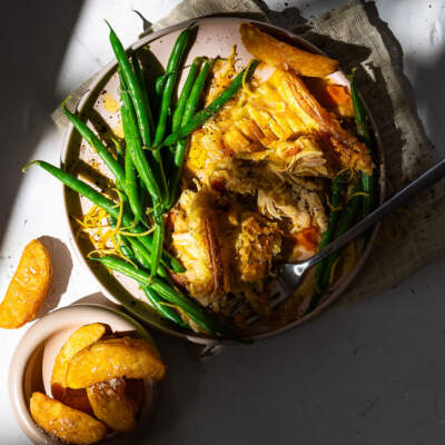 Pulled chicken & leek pie with potato wedges and green beans