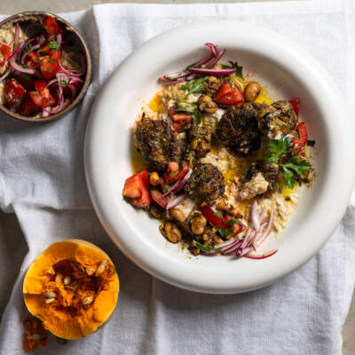 Pumpkin and lamb koftas with turkish white bean salad