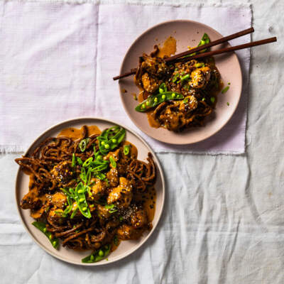 Satay noodles with sticky tofu and sugar snap peas