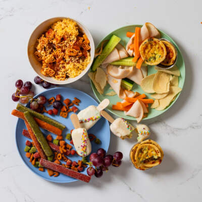 Kids’ holiday snack platter with cheesy alphabet pasta