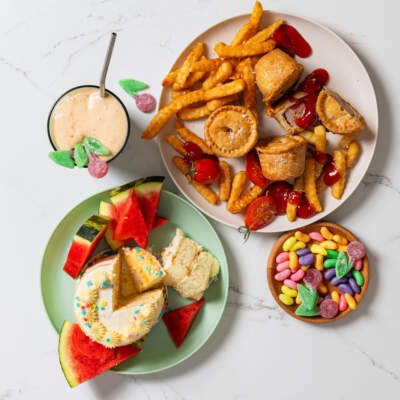 Kids’ holiday snack platter with pork pies and fries