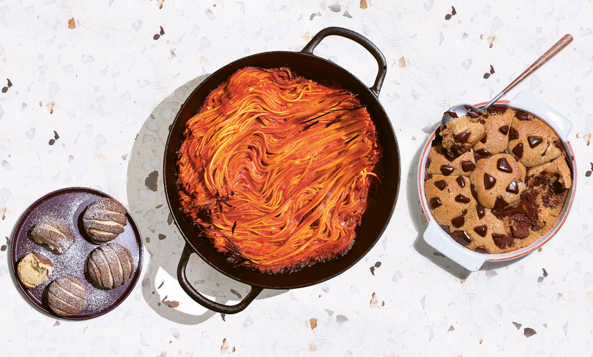 conchas, spaghetti-allassissina, scoopable choc-chip cookie