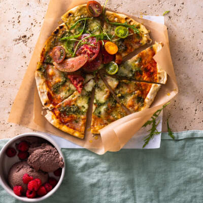 Caprese style stone-baked pizza