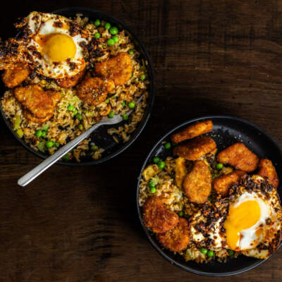 Chicken nuggets with egg-fried rice and chilli crisp egg