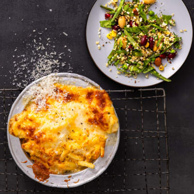 Mac ’n’ cheese, bean and grain salad