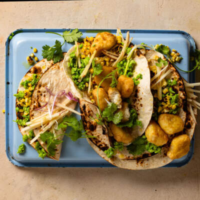 Hake nugget tacos with smashed peas