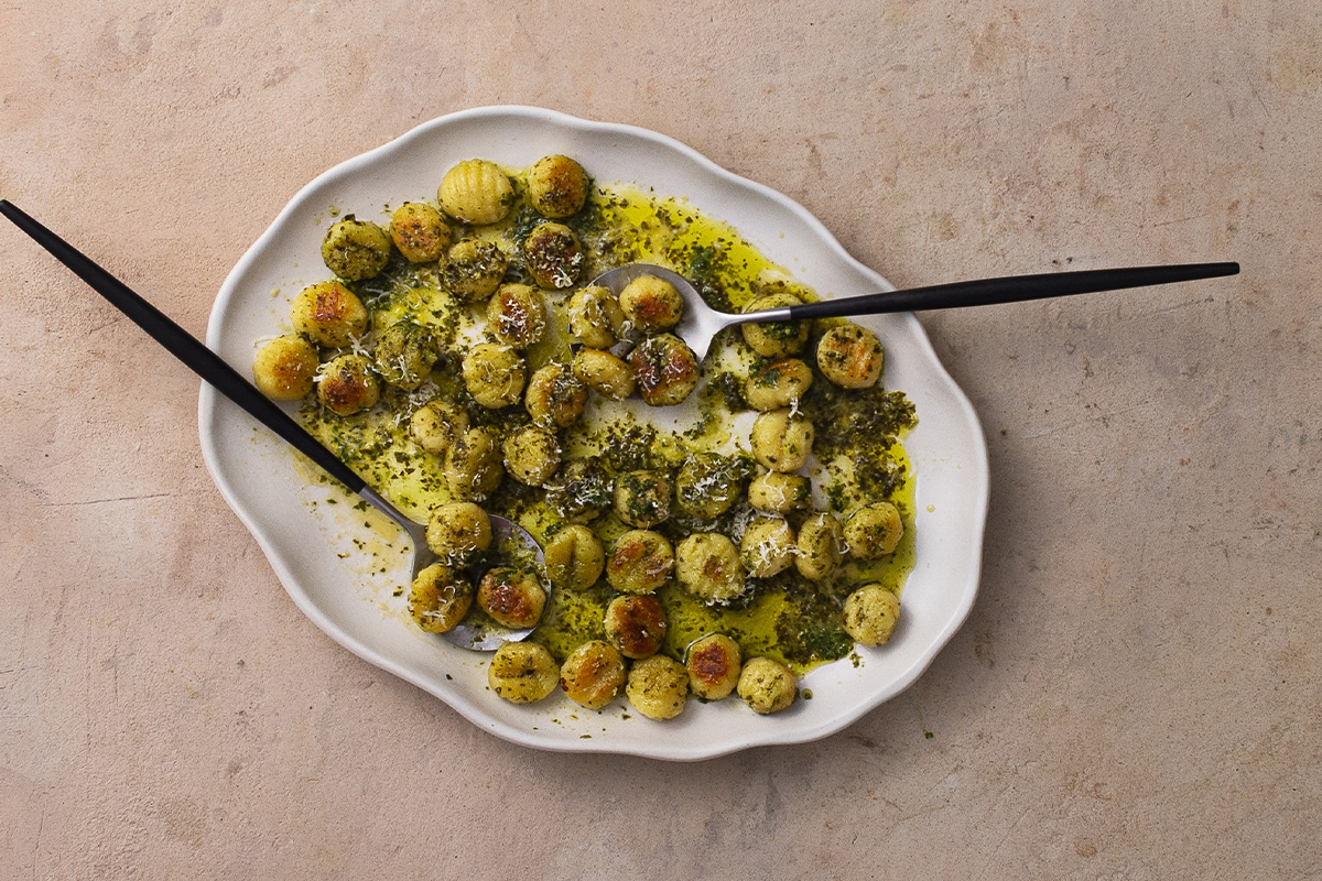 Crispy Gnocchi with Basil Pesto
