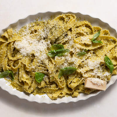 Mafaldine pasta with lemon-and-basil pesto
