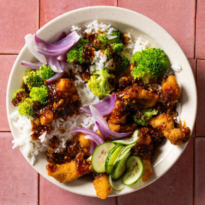 Soy-and-sesame-coated chicken with coconut rice