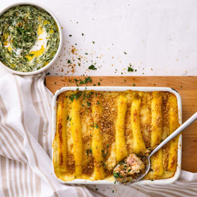 Fish pie with creamed spinach