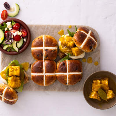 Leftover pickled fish on hot cross buns