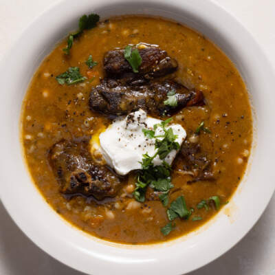 Slow-cooked Moroccan lamb with vegetable-and-barley soup