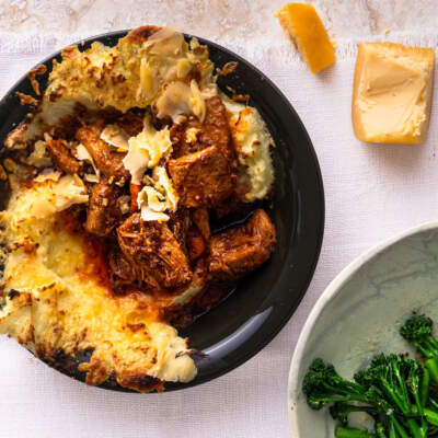 Slow-cooked Pork Cheek Casserole with Two-cheese Baked Mashed Potato