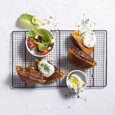 Pan-fried beef arayes with feta dip