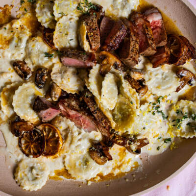 Creamy porcini mushroom pasta with steak