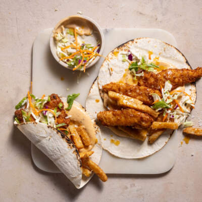 Chicken strip wraps with slaw and burger mayo