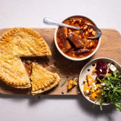 Pepper steak pie with soup and salad