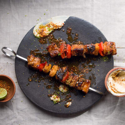 Sticky pork belly skewers with smoky BBQ glaze