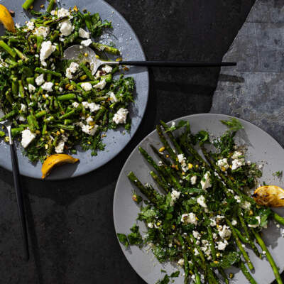 Charred asparagus salad with sheep’s-milk feta and pistachios