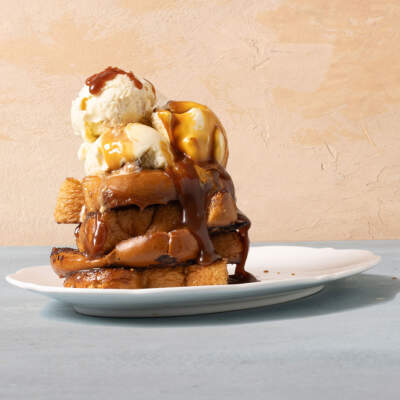 Honey-butter French toast with crème brûlée ice cream