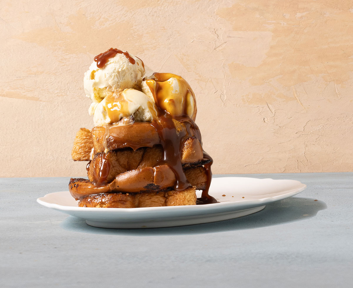 Honey-butter French toast with crème brûlée ice cream